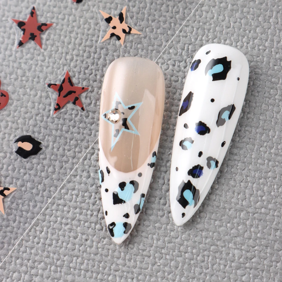 5 pcs Brown Leopard Print Nail Stickers Blue Pink Leopard Stars Self-Adhesive Sliders for Nails Leopard Heart Y2K Nail Art Decor