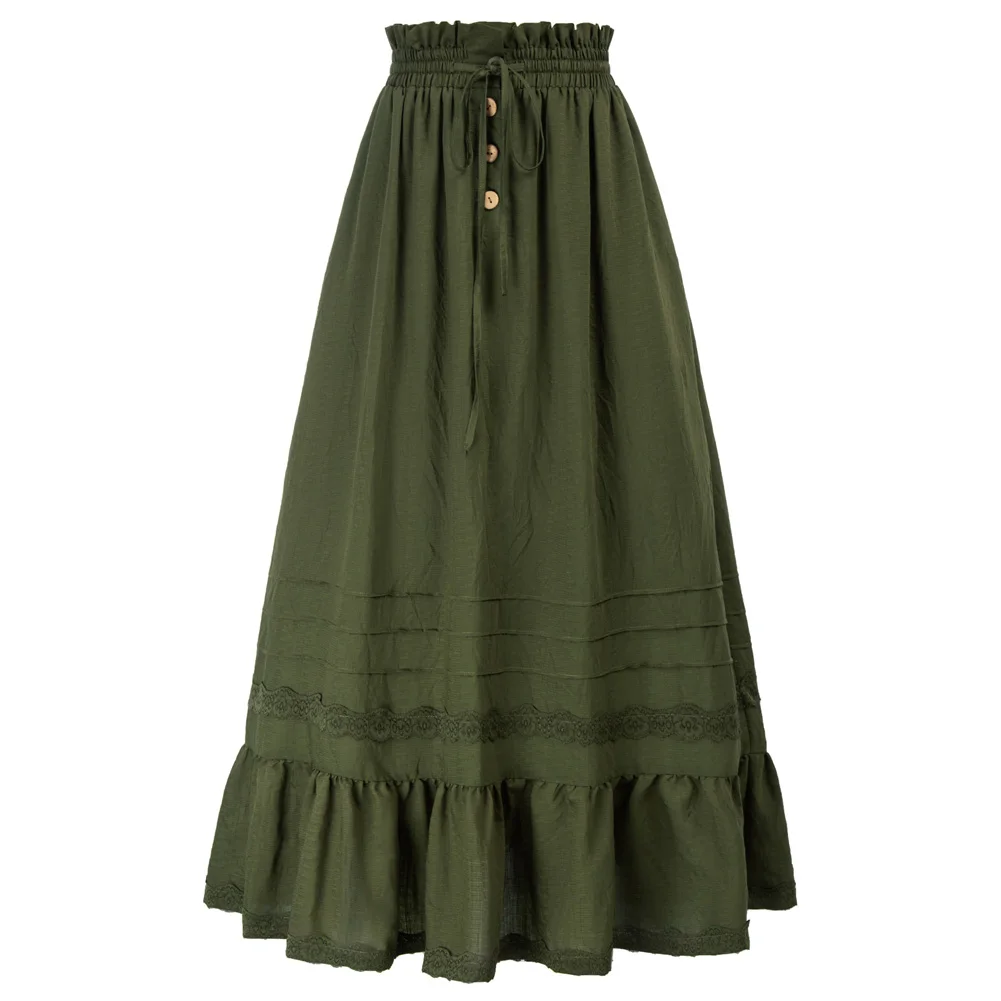 

SD Women Renaissance Ruffled Hem Maxi Skirt Elastic Drawstring Waist Skirt Vintage Medieval Bandage Costumes Draped Skirt