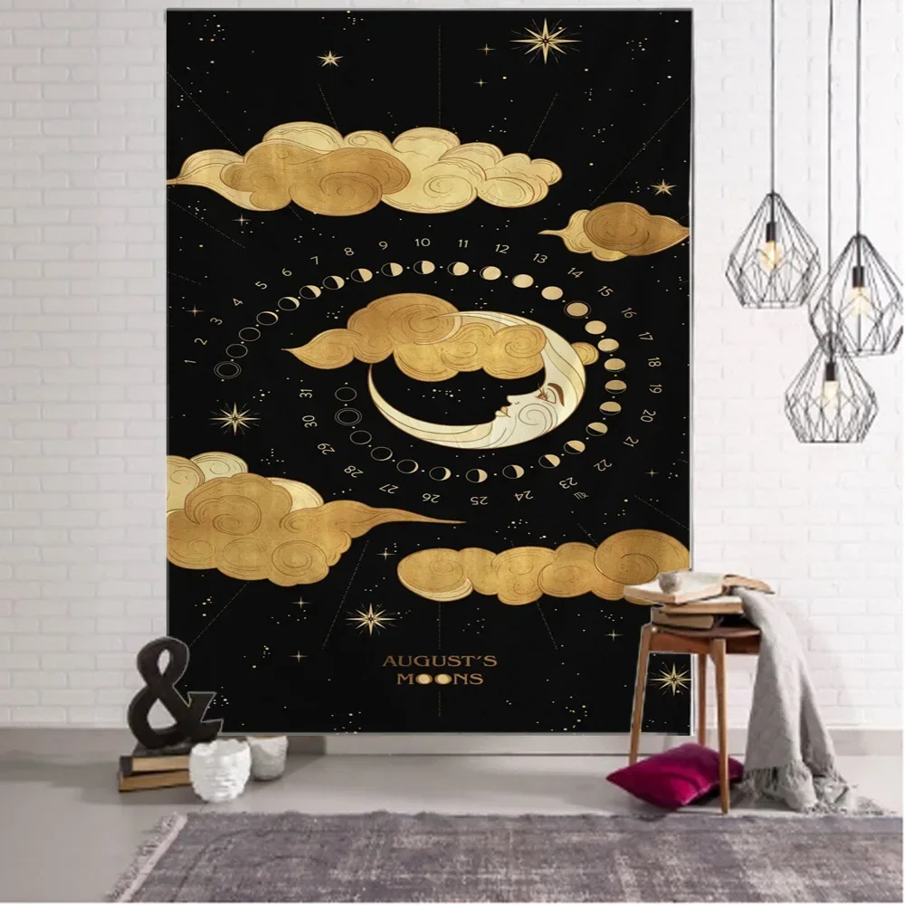 Tapisserie d'art de sorcellerie mystérieuse, décor de tarot, noir, or, lune, nuage, maison, chambre, salon, confrontation, décorations