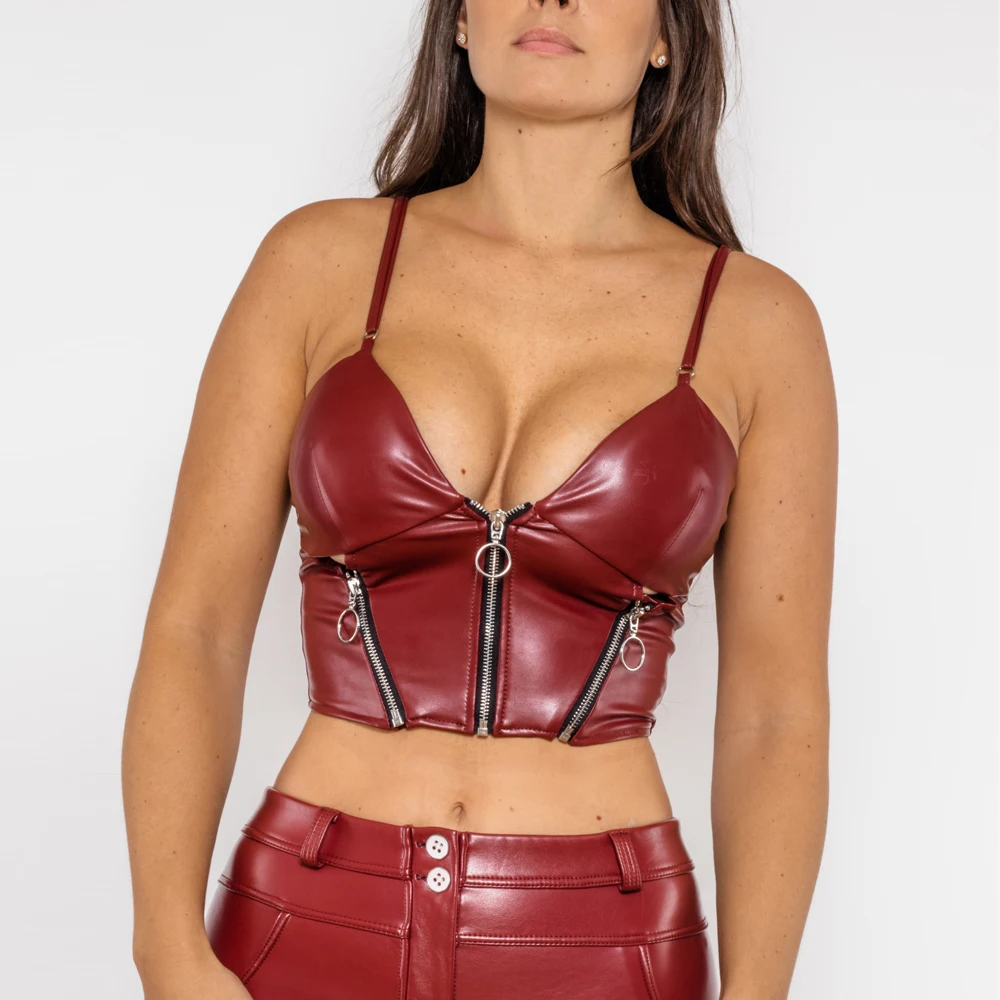 Shascullfites Shapewear Women Faux Leather Shaper Lady Bras Multi Zipper Solid Color Red Bras New Women Sexy Streetwear Bras