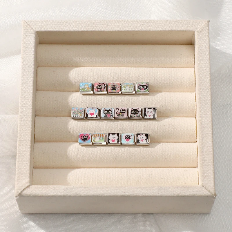 New Y2K Cartoon Black White Cats Heart  Rose Flowers Moon Italian Charm Links Fit 9MM Bracelet Stainless Steel Girls' DIY Making