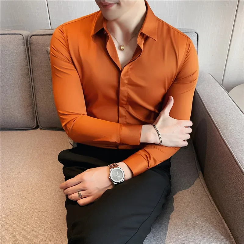 New Men\'s Shirt Luxury Repair Ball Gown Slim Solid Color Long Sleeve Shirt Streetwear