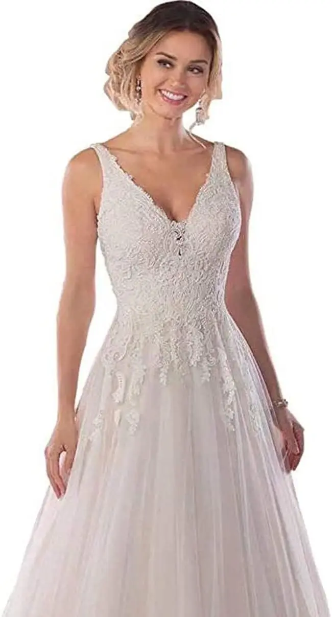 Women's A Line Boho Wedding Dresses for Bride Lace Applique A Line Beach Long Bridal Gowns Simple Wedding Dress