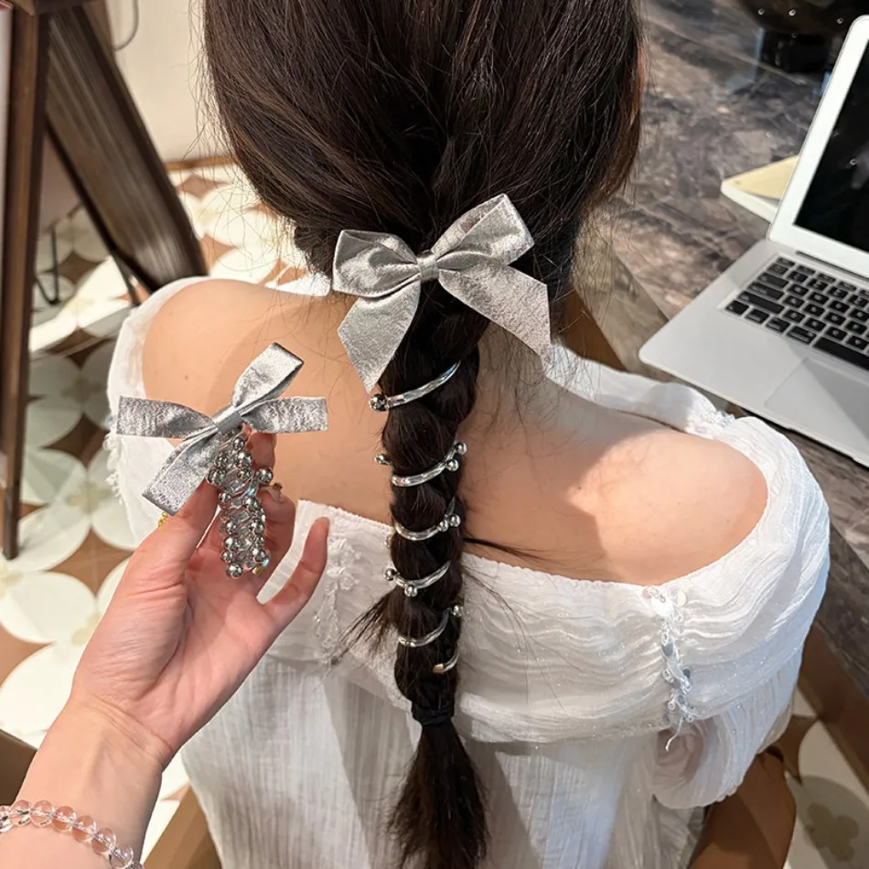 

2PCS Girly Silver Bow Telephone Line Hair Band High Elastic Ponytail Bubble Braid Hair Headband Headdress Spring Hair Rope HP01