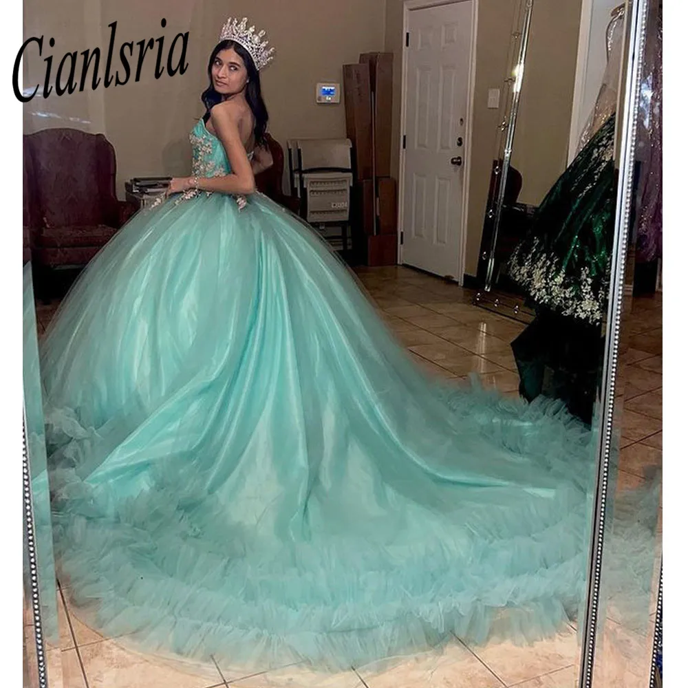 

2025 Green Sweetheart Quinceanera Dresses For 15 Party Princess Appliques Tulle Lace Birthday Party Dress Robes De Bal