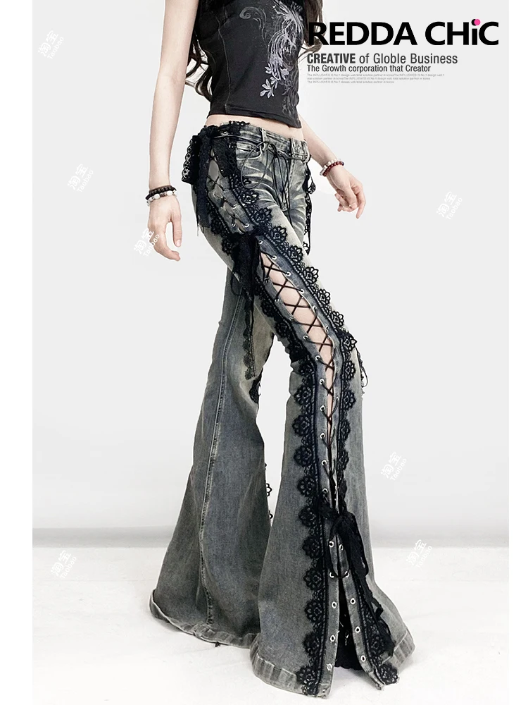 الشارع خمر Y2k الدانتيل حزام سبليت الدنيم السراويل النساء مستقيم فضفاض بنطال ذو قصة أرجل واسعة 2025 الصيف الشارع الشهير جرس أسفل الجينز