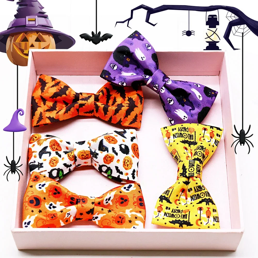 50pcs Halloween Dog Collar Accessories Removable Pet Dog Bowtie Collar Skull Pumpkin Dogs Bow Tie Pet Grooming Products