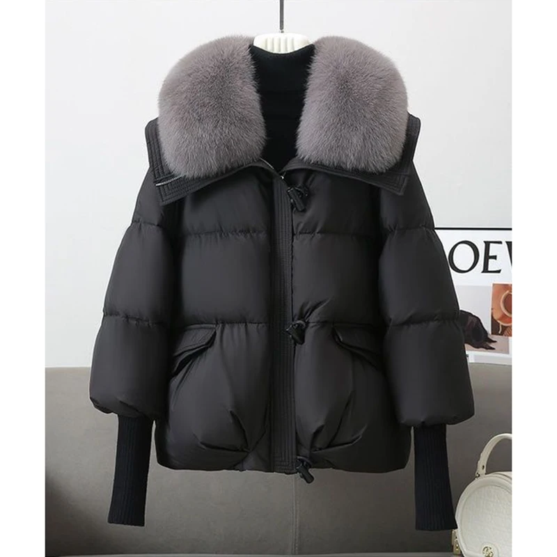 Winter Pocket Zipper Faux Fur Jacket Outerwear Female New Fur Collar Puffer Down Parka Loose Down Warmer Thicken Snow Jacket