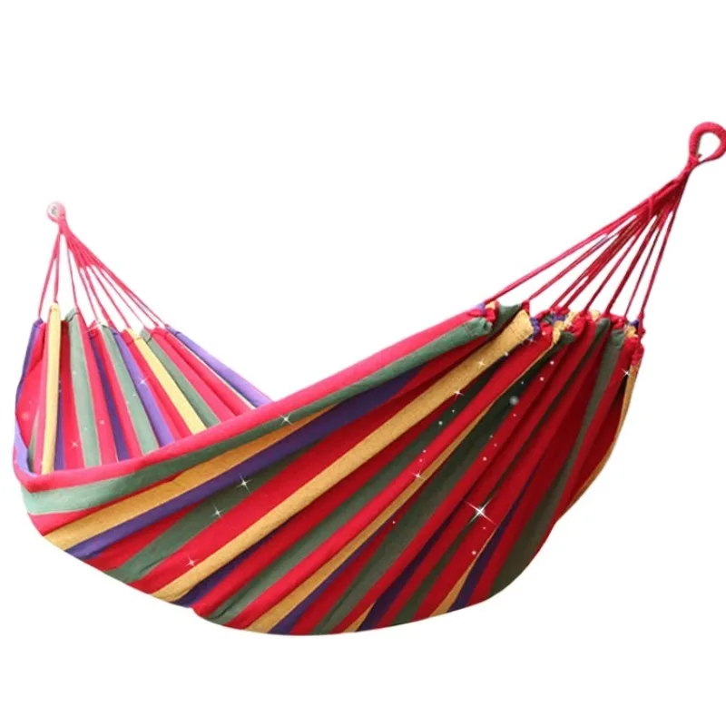 Hamaca de lona colorida con cuerda atada para acampar al aire libre y para el ocio. Hamaca individual de lona, tamaño portátil 200 x 80 cm