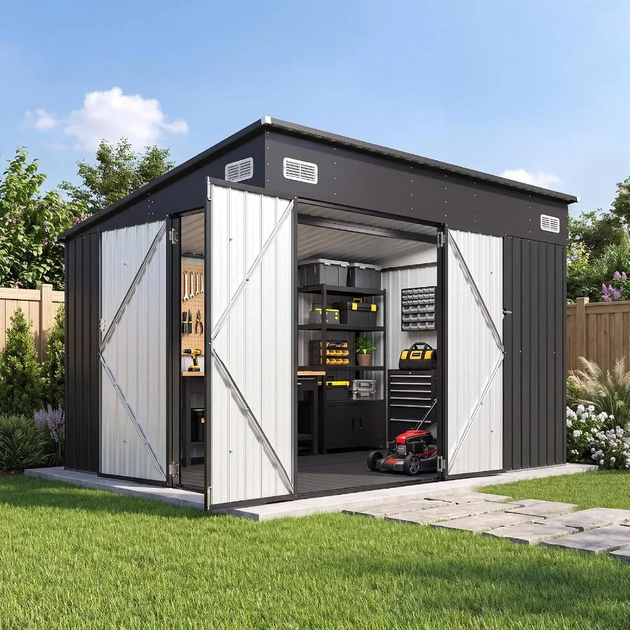 Outdoor storage shed for backyard use, made of galvanized steel, gray color, features 3 lockable doors and durable 14mm PP floo