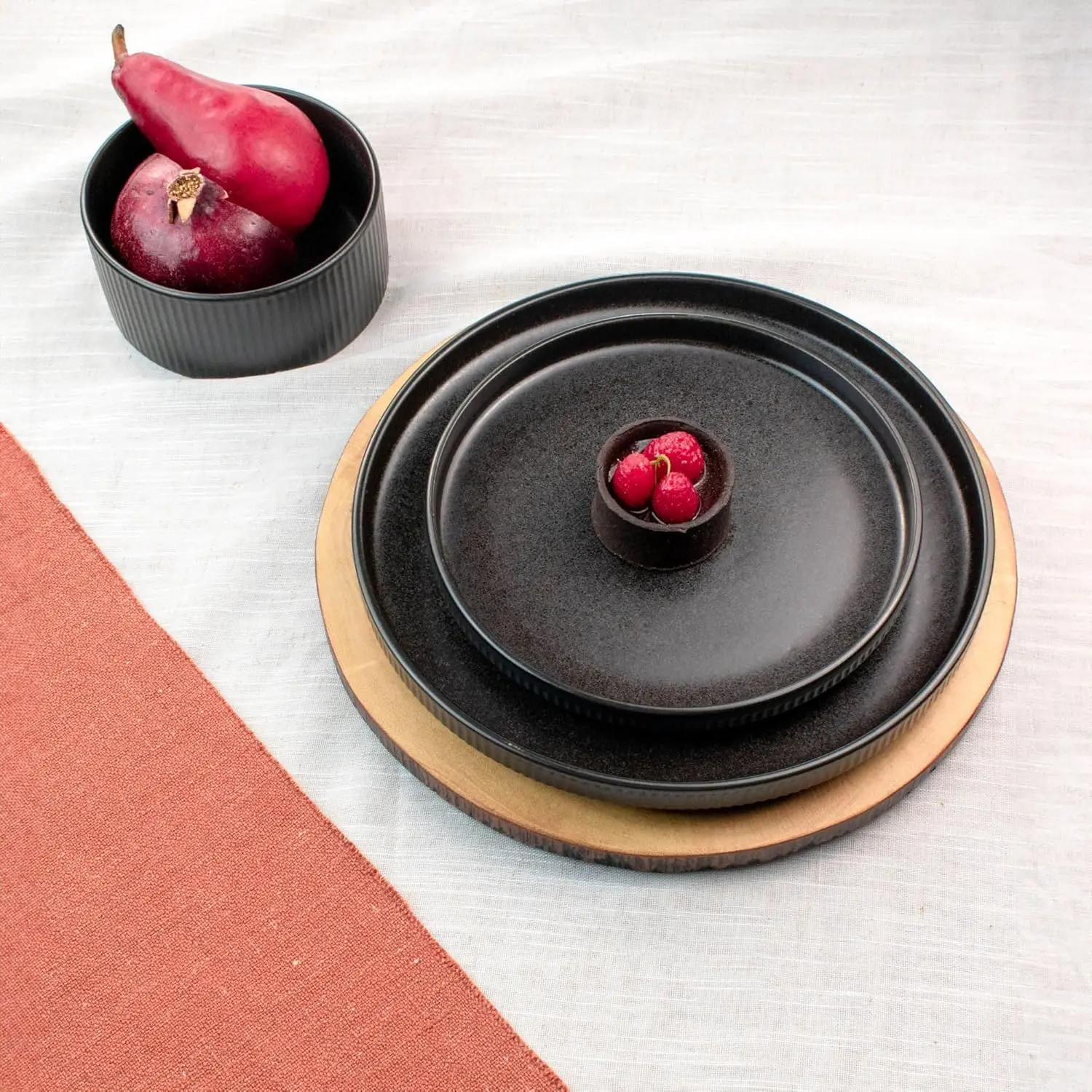 Anderson Black 12-Piece Stoneware Dinnerware Set – Service for 4, Modern Design with Textured Ridges, Exquisite Reactive Glaze,