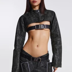 Women Y2K Sexy Crop Leather Jacket Vintage Washed PU Club Short Jacket Coat