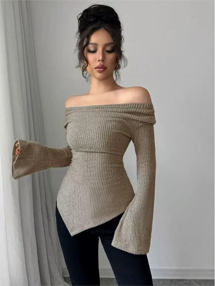 Elegant Swing Collar Off-shoulder Long-sleeved Top For Women Fashionable Solid Color Spring Slim Knitted Pit Strip Top For Women