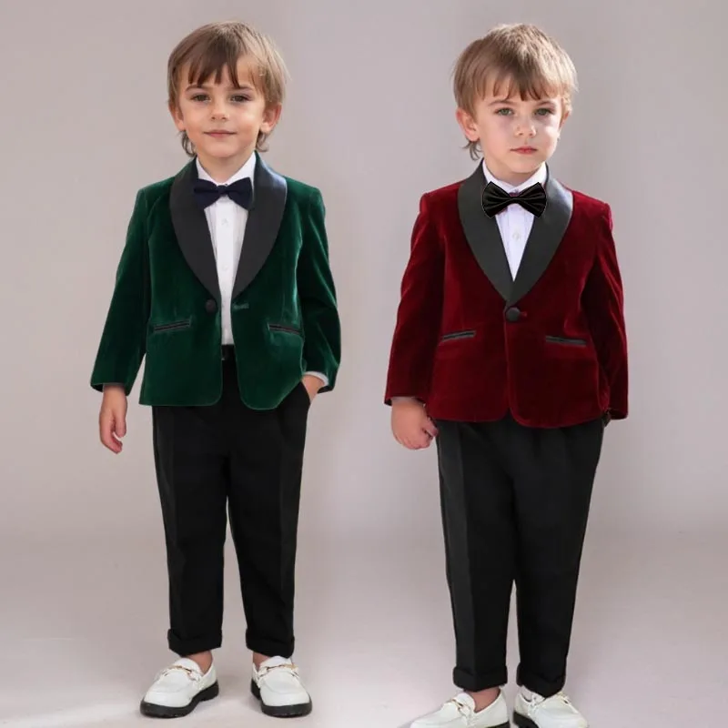 Children One Year Old Birthday Tuxedo Outfits Black Elegance Velvet Weddings Suit for Boys Gentleman Piano Performance Costume