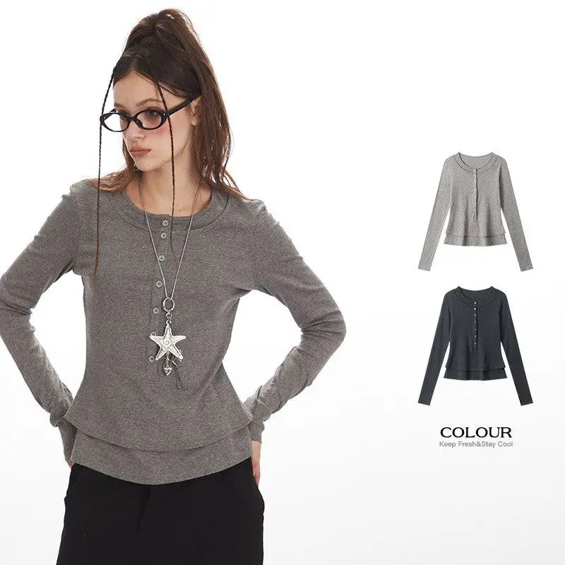 

HeyHenry Slim Fit Long Sve T-irt Korean Sle Fake Two-Piece Design Women's Base Layer Henry Collar Top ort Length