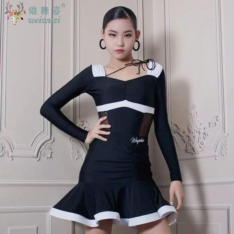 Zwart Wit Latin Dans Pak Meisjes Competitie Danskleding Rumba Cha Cha Samba Prestaties Jurk Kid Standaard Toneelkostuum