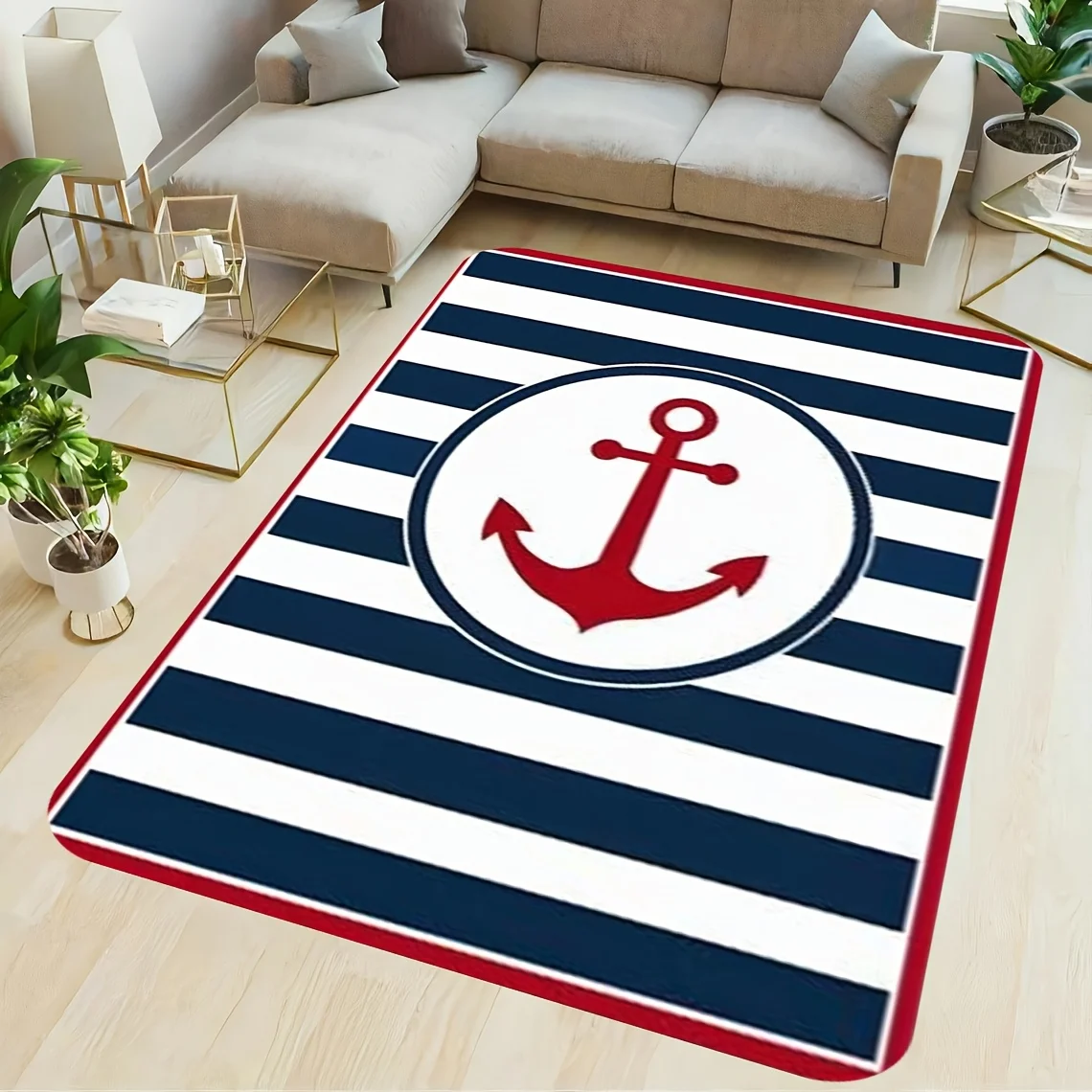 Marine anchor pattern Flannel-printed floor mats are slip-resistant Suitable for living room bedroom terrace garden carpets