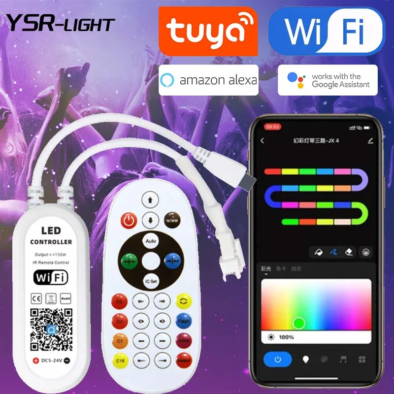 Tuya WiFi&BLE DC5-24V LED RGBIC Controller 200/1250Pixel Music Rhythm Color Illusion Dimmer with IR Remote for WS2811 2812 with