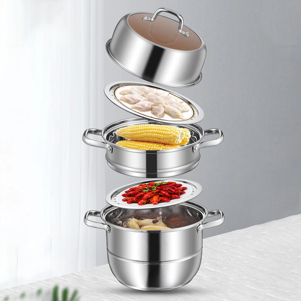 

11inch 3 Tier Stainless Steel Steamer Pot with Lid & Handle Cookware Pot Thick Food Steamer for Vegetable Dumpling Stock