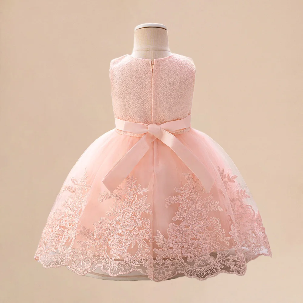 Flower Girl Wedding Party Dress Toddler Girls 1st Birthday Princess Dresses Kids Pink Embroidery Tutu Gown Baby Pleated Costumes