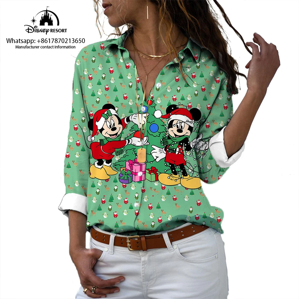 Camiseta de manga larga con estampado de dibujos animados para mujer, camisa informal con solapa y estampado de Mickey y Minnie, estilo Harajuku, novedad de Navidad