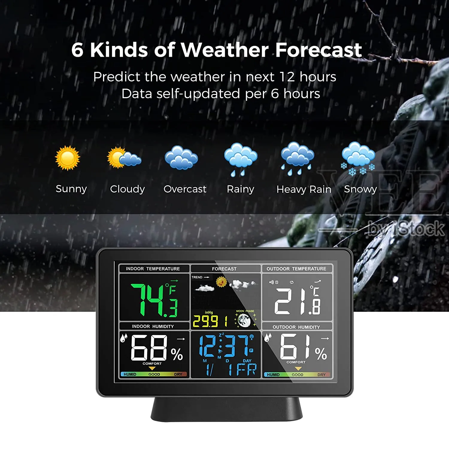 Color Screen Weather Station Wireless Digital Indoor/Outdoor Forecast Desk Clock Temperature Humidity Meter with Wireless Sensor