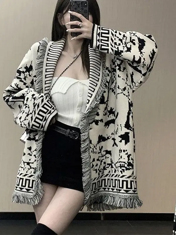 

Длинный вязаный кардиган с кисточками V-Ne, пальто для женщин, весна-осень, модный дизайн Ele, повседневное повседневное платье для поездок на работу