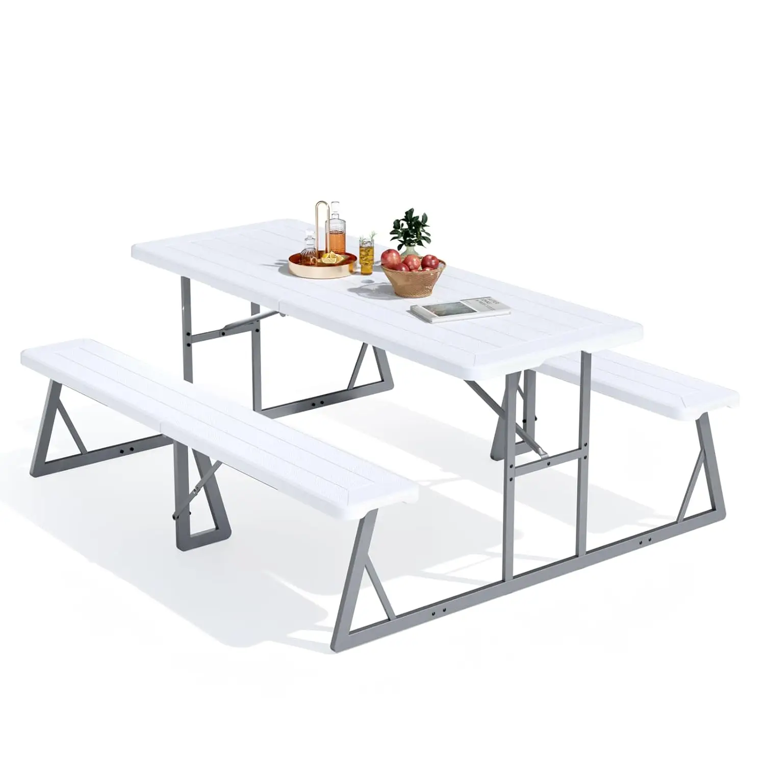 Outdoor Picnic Table with Umbrella Hole, 6FT All Weather Metal Frame HDPE Tabletop Plastic Picnic Table for Dining Party Garden