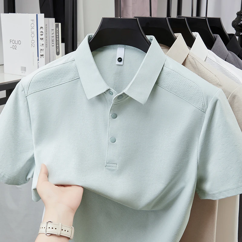 Herren Poloshirt mit Reverskragen, Kurzarm, Weicher Knitterfreier Stoff, Perforierte Schultern, Lässiges Business-Alltags-Sommeroutfit – Detail 14