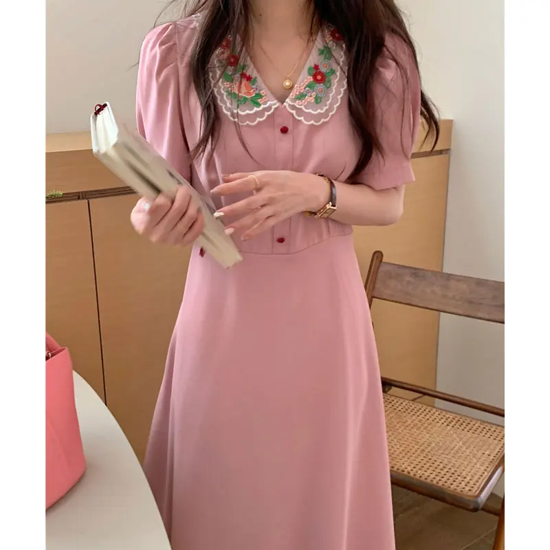 Summer Retro Women Midi Dress  Korea Office Lady Embroidery Floral Peter Pan Collar One Piece Female Fashion Black Pink Vestido