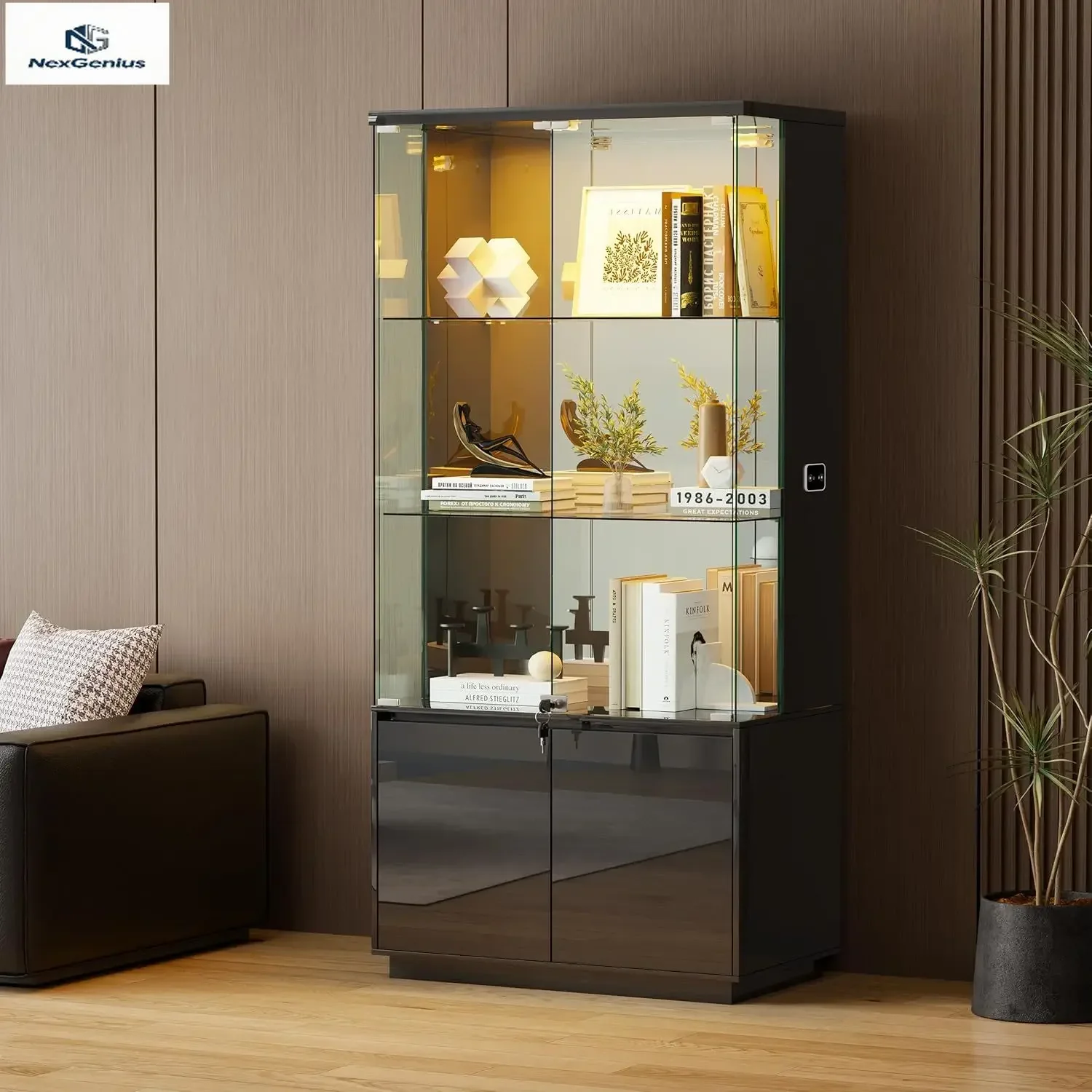 Black Tall Glass Display Cabinet with Lights Locking Curio Cabinet with Sensor for Living Room Collectibles