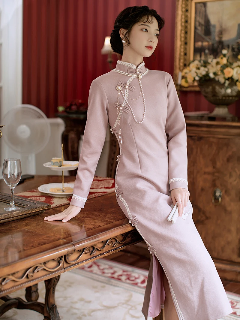 

Young Sle Long Sve Thiened Purple Qipao Dr Vintage Faion Straight Cut Daily Wear Polyester Spandex Blend