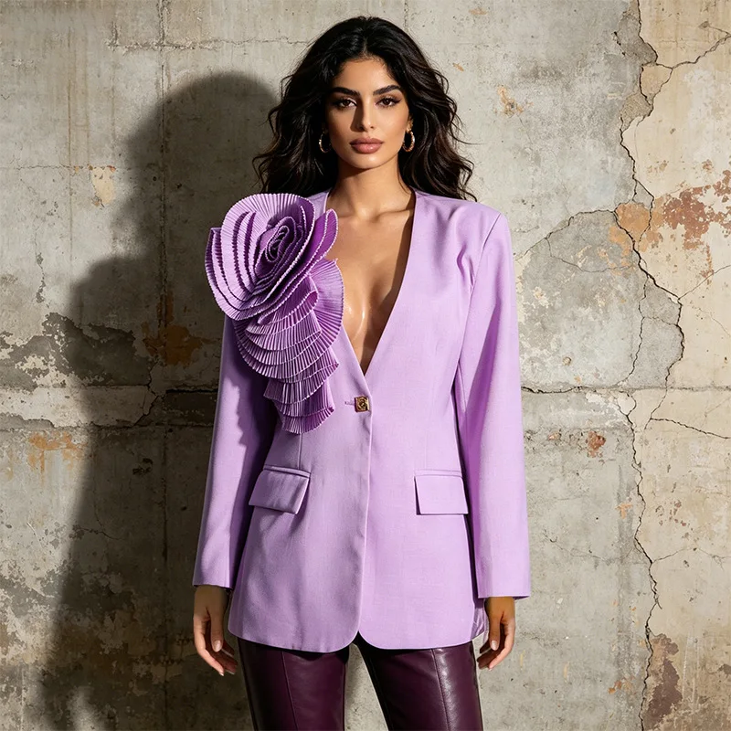 ZAMOR HIGH STREET Women's V-Neck Flower Spliced Blazer One-Button Closure High-End Elegant Versatile Single-Breasted Suit Jacket