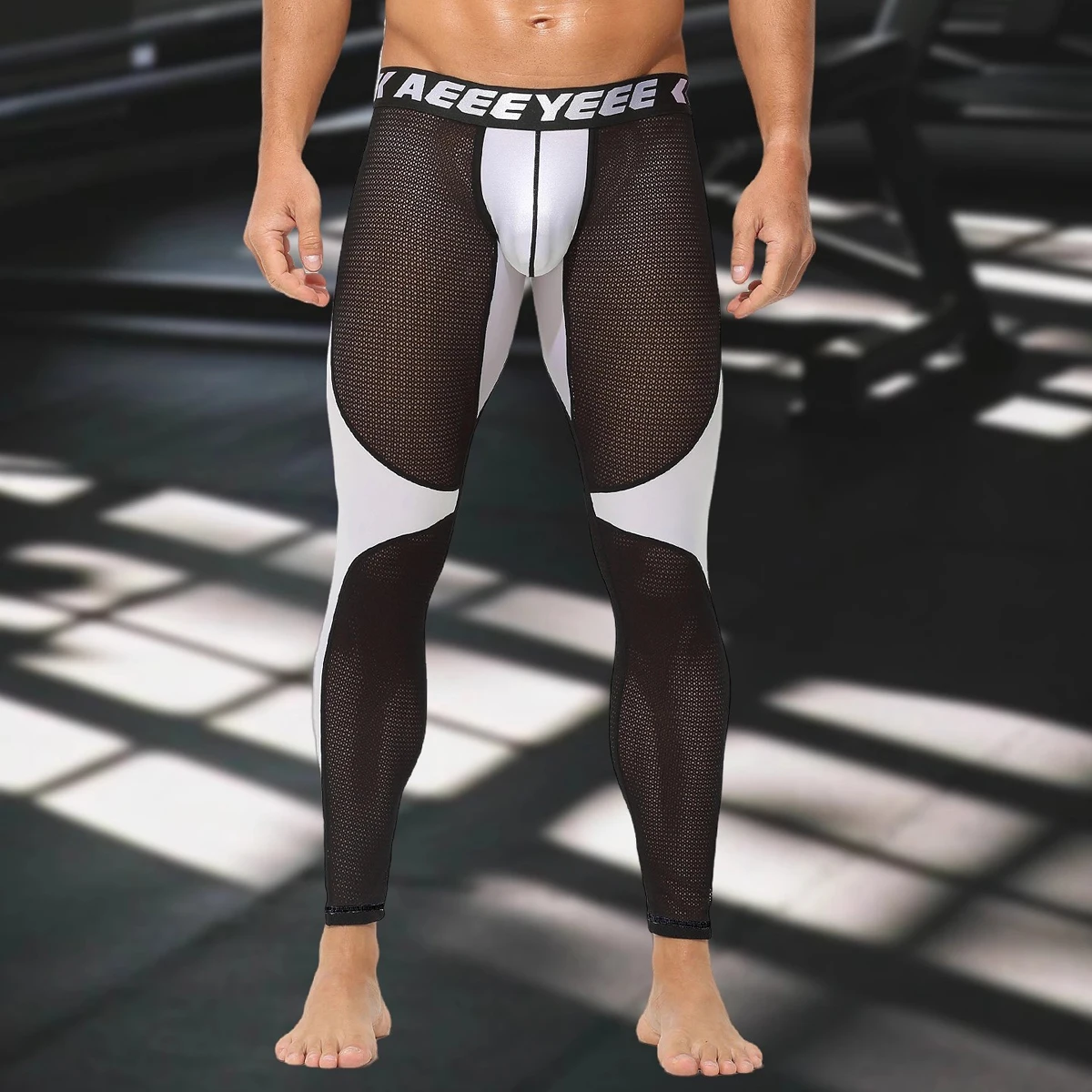 Men Sexy Silky Smooth Mesh Transparency Patchwork Elastic Breathable Fitness Sport Leggings Low Rise Tight Warm Pants Plus Size