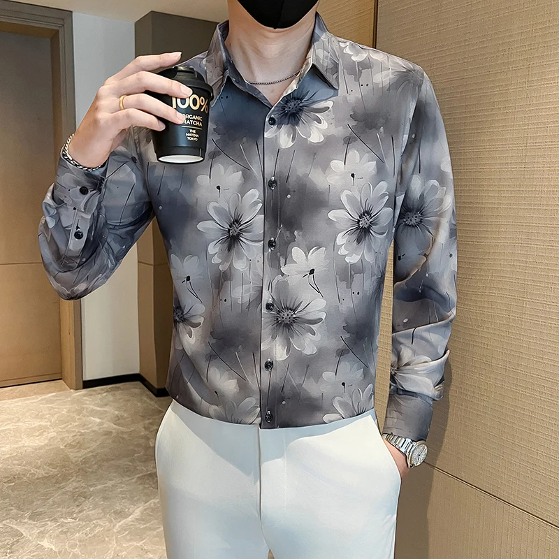 British Style Floral Print Long Sleeved Shirt for Men's Autumn Casual Social Shirt Slim Fit Slim Fit Streetwear Camisa Masculina