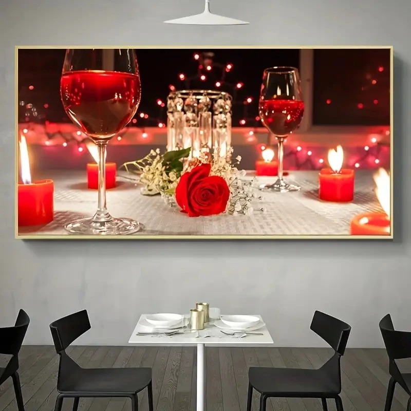 Rose Red Wineglass Canvas Painting Flower Candle Poster Prints Romantic Nightlife Picture Wall Art Aesthetic Home Decor