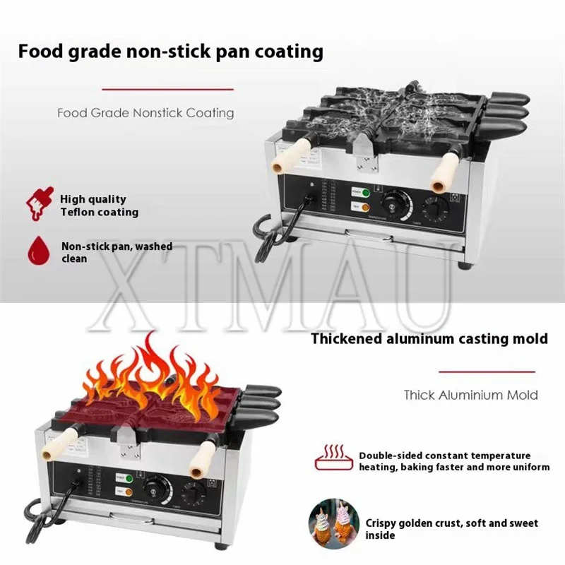 Máquina comercial de gofres de pescado de boca abierta, gofrera Taiyaki en forma de pez, revestimiento antiadherente, plancha para muffins de aperitivos de acero inoxidable