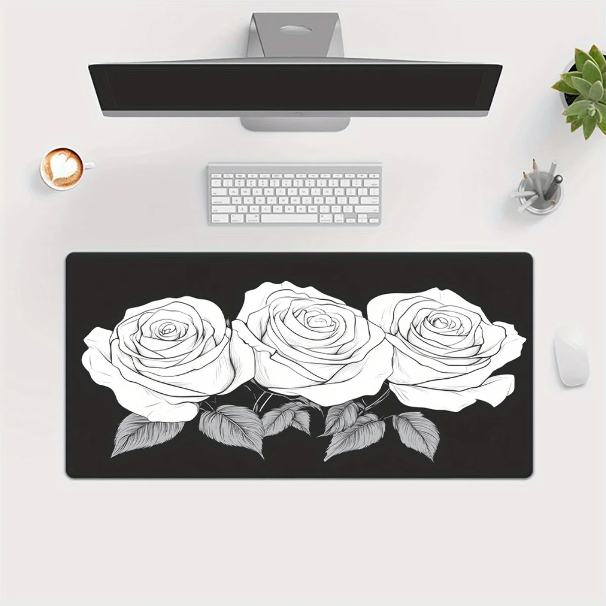 

1pc Elegant White Roses on Black Desk Pad, Non-Slip Rubber Base, XXL Gaming & Office Mouse Pad, Multi-Functional Large Mousepad