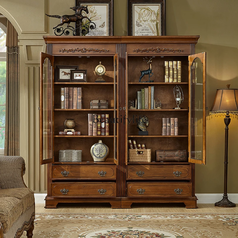 American-Style Solid Wood Household Bookcase Double-Door Storage Combination European-Style Glass Door Display Cabinet