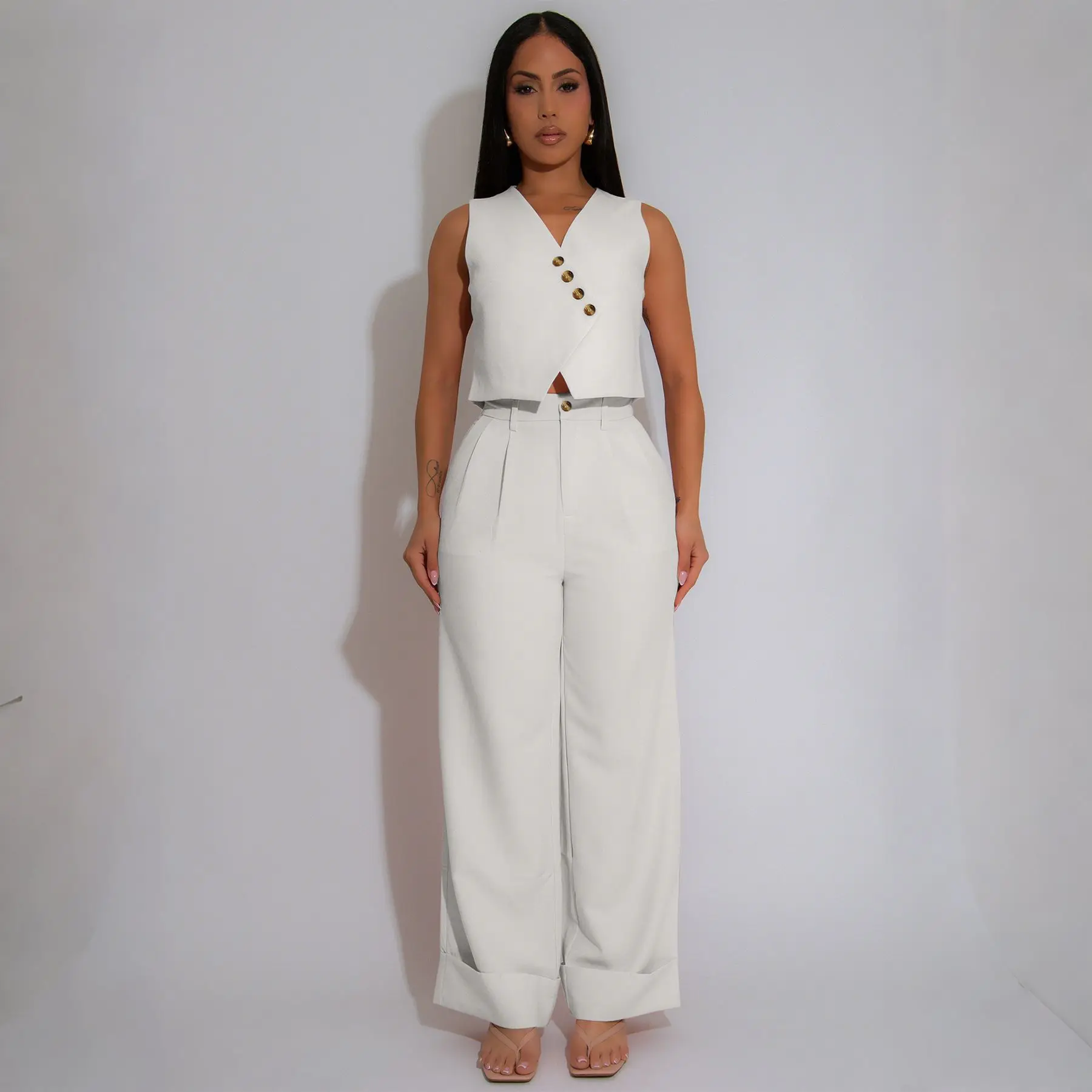 

Pant Set Women Two Piece Sets V Neck Sleeveless Vest Matching Sets Tops Wide Leg Long Pants High Waist Y2k Streetwear Work 2026