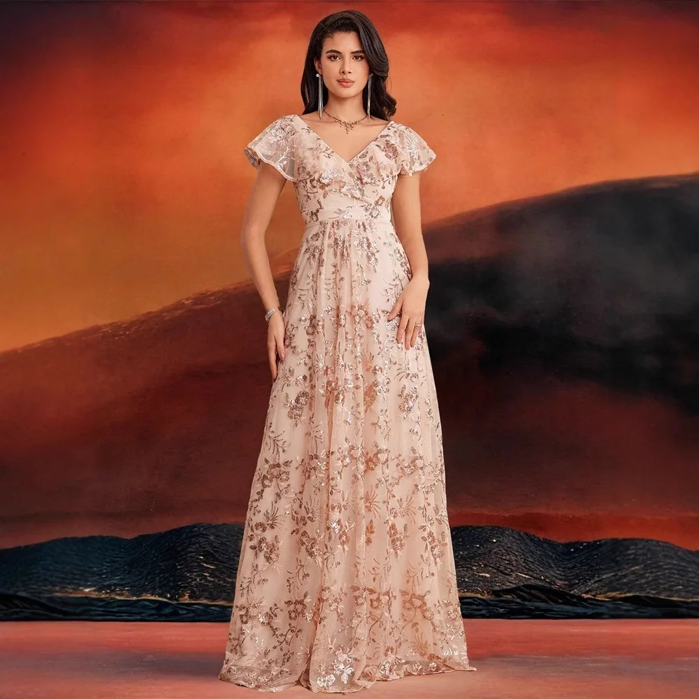 

V Neck Sheer Flutter Sleeve Rose Gold Floral Sequin Tulle A Line Dress Blush Pink Floor Train Garden Wedding Bridesmaid Gown