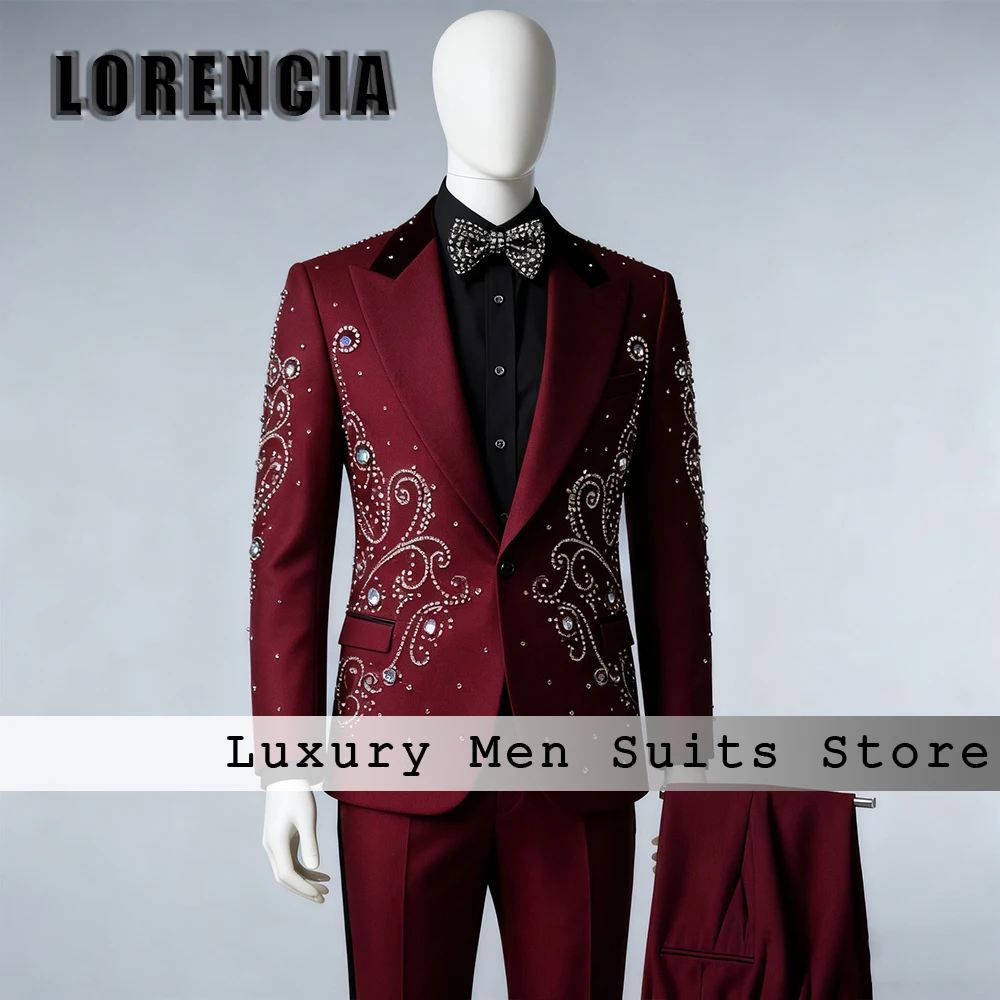 

Luxury Diamond Suits for Men 2 Pieces Crystal Peak Label Wedding Groom Tuxedos Set Customized Blazer Pants traje hombre moderno