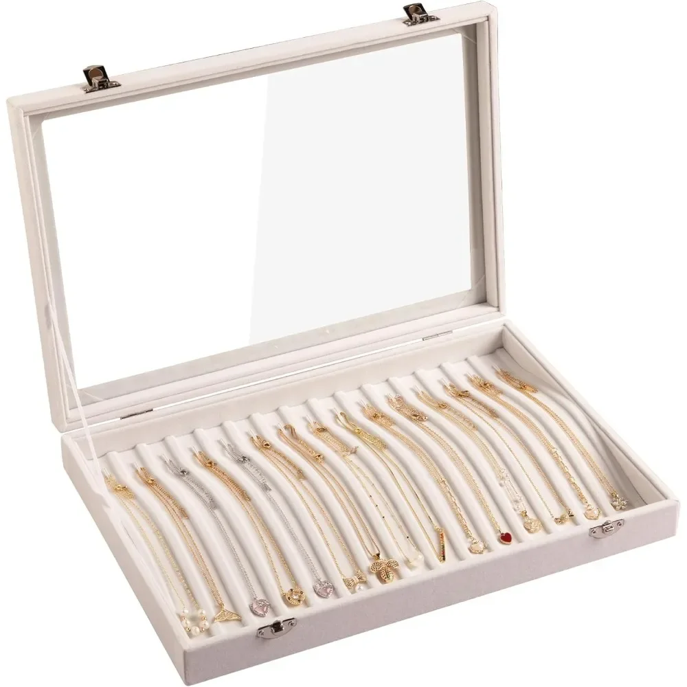 15 Hooks Necklace Tray Velvet Neckalce Organizer with Clear Lid Lockable Necklace Holder Box Jewelry Organizer for Pendants