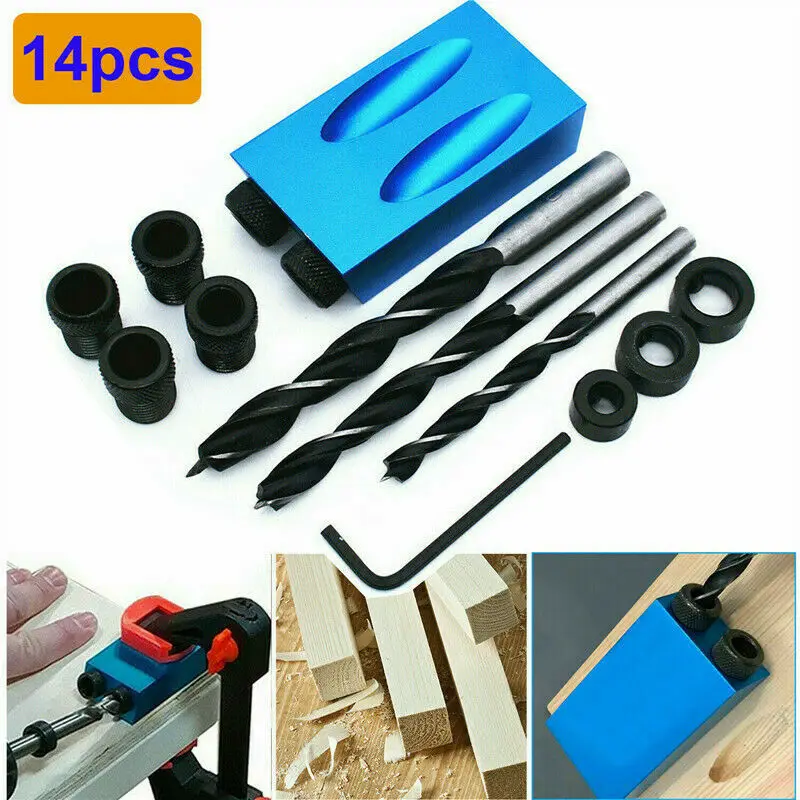 14pcs Pocket Hole Jig Kit 15 Degree Woodworking Slant Hole Jig with 6/8/10mm Drive Adapter For Perfect Angle Drilling & Wood