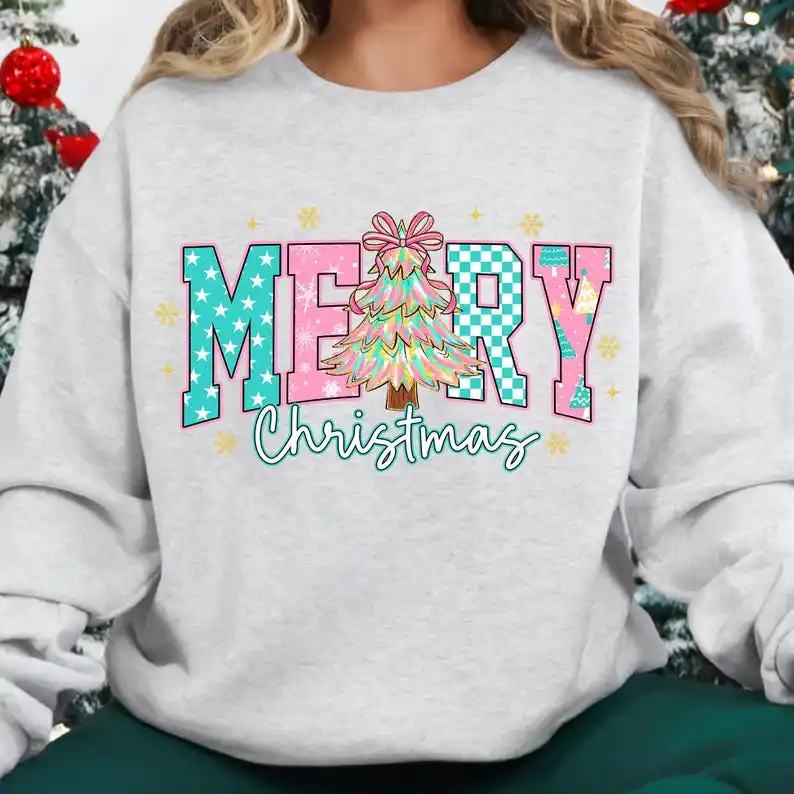 Merry Christmas Coquette Retro Pink Christmas Tree Hoodie Preppy Merry and Bright Checkered Xmas Autumn Long Sleeve Sweatshirts