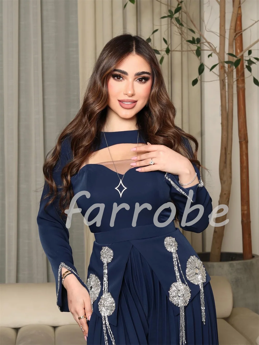 Customized Simple Jersey Pleat Sequined A-line Jewel Long Celebrity Bespoke Occasion Dresses Chinese Style