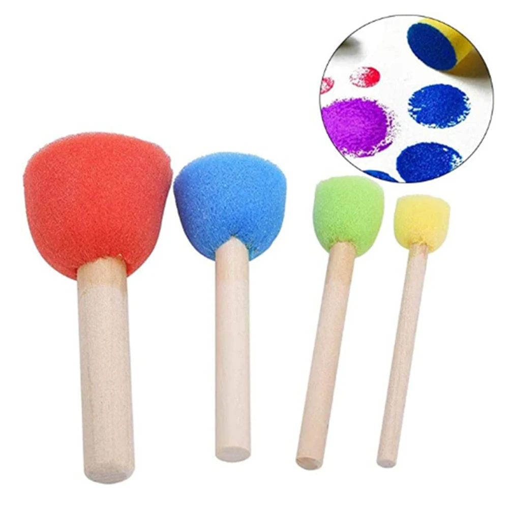 24pcs Crafts Kids 4 Colors Durable Art Painting Tools Watercolor Wooden Handle Practical School DIY Home Round Sponge Brush