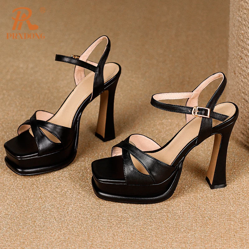 PRXDONG Women\'s Shoes New Fashion Genuine Leather High Heels Platform Black Beige Dress Party Wedding Female Sandals Shoes 34-39