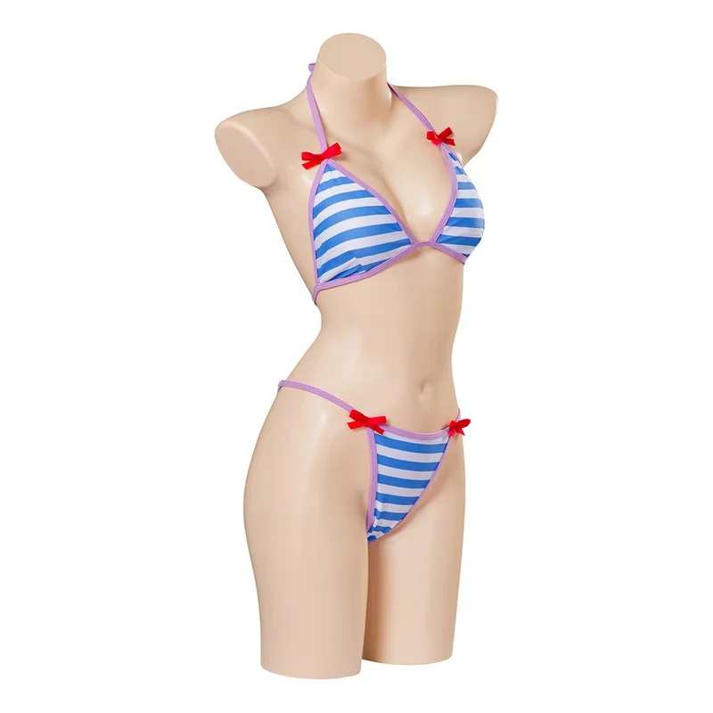 MN1 Me Me Me Cosplay Costume Blue Stripe Bikini Set Two-Piece Swimsuit Sexy Bikini Beachwear Woman Halloween Carnival Party 8/yG