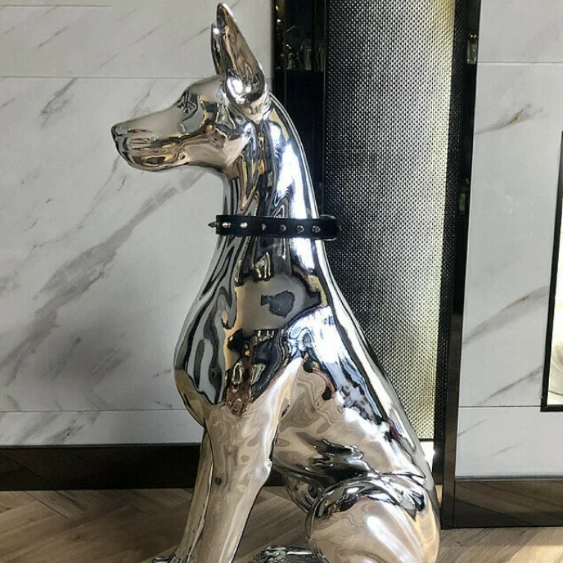 New Product Sitting Silver Doberman Statue Home Animal Decoration Dog Animal Living Room Decoration